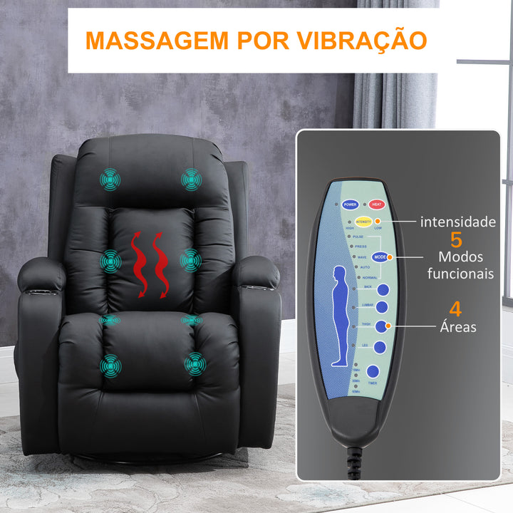 Poltrona de Massagem Reclinável até 150° Poltrona Relax com 8 Pontos de Massagem por Vibração Função de Aquecimento Giratória e Controlo Remoto 85x94x104 cm Preto