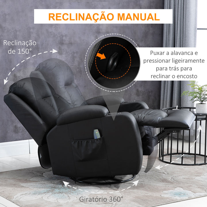 Poltrona de Massagem Reclinável até 150° Poltrona Relax com 8 Pontos de Massagem por Vibração Função de Aquecimento Giratória e Controlo Remoto 85x94x104 cm Preto