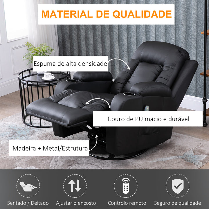 Poltrona de Massagem Reclinável até 150° Poltrona Relax com 8 Pontos de Massagem por Vibração Função de Aquecimento Giratória e Controlo Remoto 85x94x104 cm Preto