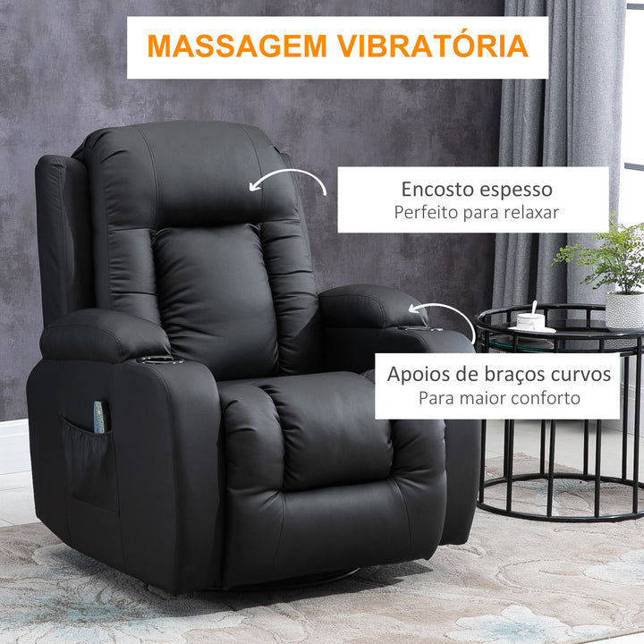 Poltrona de Massagem Reclinável até 150° Poltrona Relax com 8 Pontos de Massagem por Vibração Função de Aquecimento Giratória e Controlo Remoto 85x94x104 cm Preto