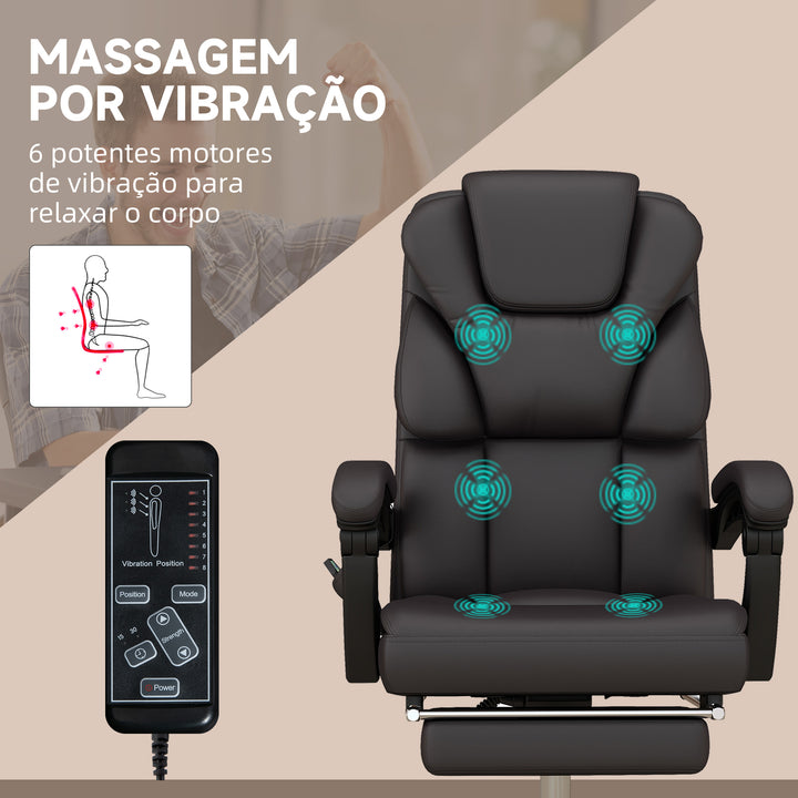 Cadeira de Escritório com 6 Pontos de Massagem Cadeira Executiva Reclinável de PU com Controlo Remoto Altura Ajustável Encosto Alto Apoio para os Pés e Bolso 63x57x118-126 cm Marrom
