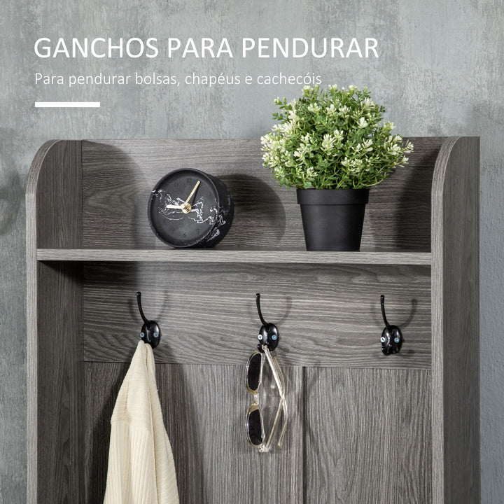 Móvel Cabide de Entrada com Sapateiro Móvel de Entrada com 3 Ganchos 2 Portas 2 Compartimentos e Prateleira de Armazenamento para Corredor 60x34x170 cm Cinza