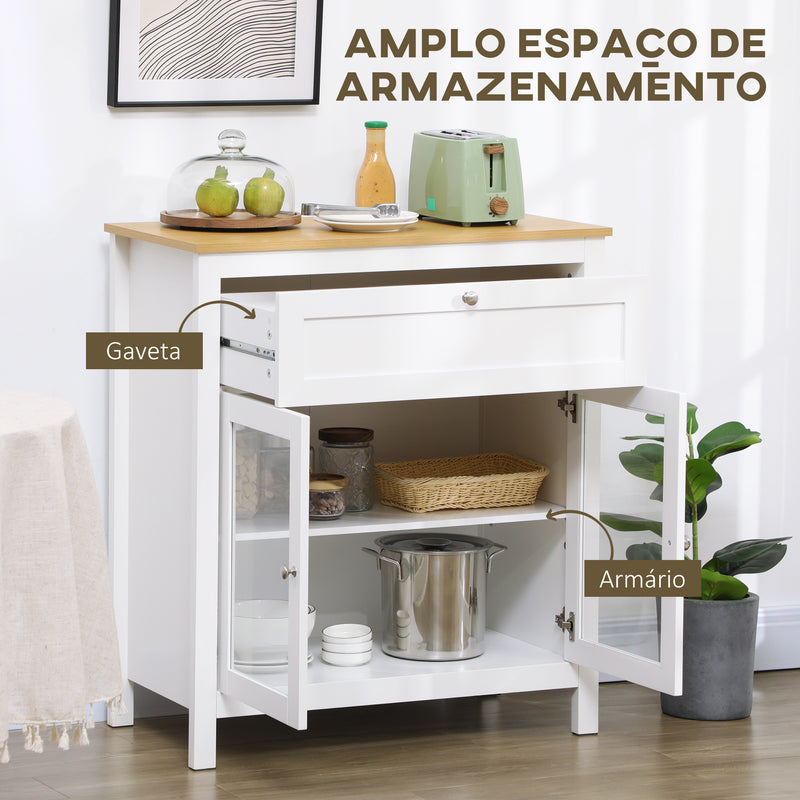 Aparador de Cozinha Moderno Móvel Buffet Auxiliar com Gaveta Prateleira Ajustável e 2 Portas de Vidro para Sala de Estar Sala de Jantar 80x40x90 cm Branco e Madeira