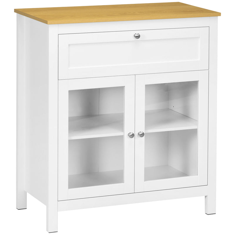 Aparador de Cozinha Moderno Móvel Buffet Auxiliar com Gaveta Prateleira Ajustável e 2 Portas de Vidro para Sala de Estar Sala de Jantar 80x40x90 cm Branco e Madeira