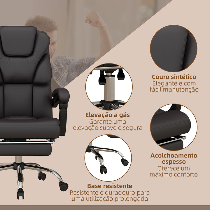 Cadeira de Escritório com 6 Pontos de Massagem Cadeira Executiva Reclinável de PU com Controlo Remoto Altura Ajustável Encosto Alto Apoio para os Pés e Bolso 63x57x118-126 cm Marrom