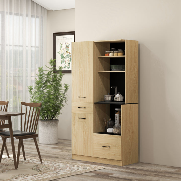 Armário de Cozinha Moderno Armário de Cozinha com 2 Gavetas 2 Armários e 4 Prateleiras Abertas Móvel Auxiliar de Cozinha 90x40x170 cm Madeira e Preto