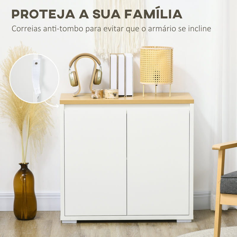 Aparador de Sala de Estar Armário de Armazenamento Móvel Auxiliar de Cozinha com 2 Portas e Prateleira Ajustável para Sala de Jantar Entrada 80x37x75 cm Branco e Madeira