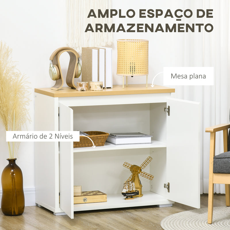 Aparador de Sala de Estar Armário de Armazenamento Móvel Auxiliar de Cozinha com 2 Portas e Prateleira Ajustável para Sala de Jantar Entrada 80x37x75 cm Branco e Madeira