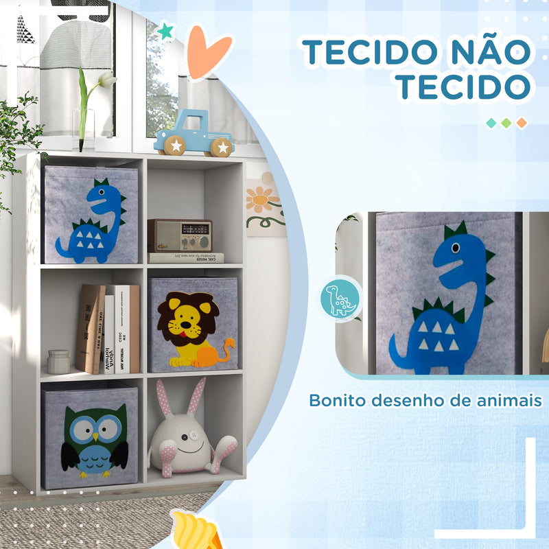 Estante para Brinquedos Estante para Crianças acima de 3 Anos com 6 Compartimentos de Armazenamento e 3 Caixas de Tecido não Tecido com Desenho de Animais 61,8x29,9x91,5 cm Branco e Cinza