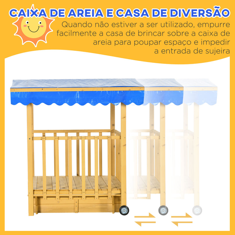 Caixa de Areia para Crianças com Varanda de Madeira Teto e Rodas Caixa de Areia Infantil para Crianças de 3-8 Anos para Jardim Pátio 133x129x137,5 cm Madeira