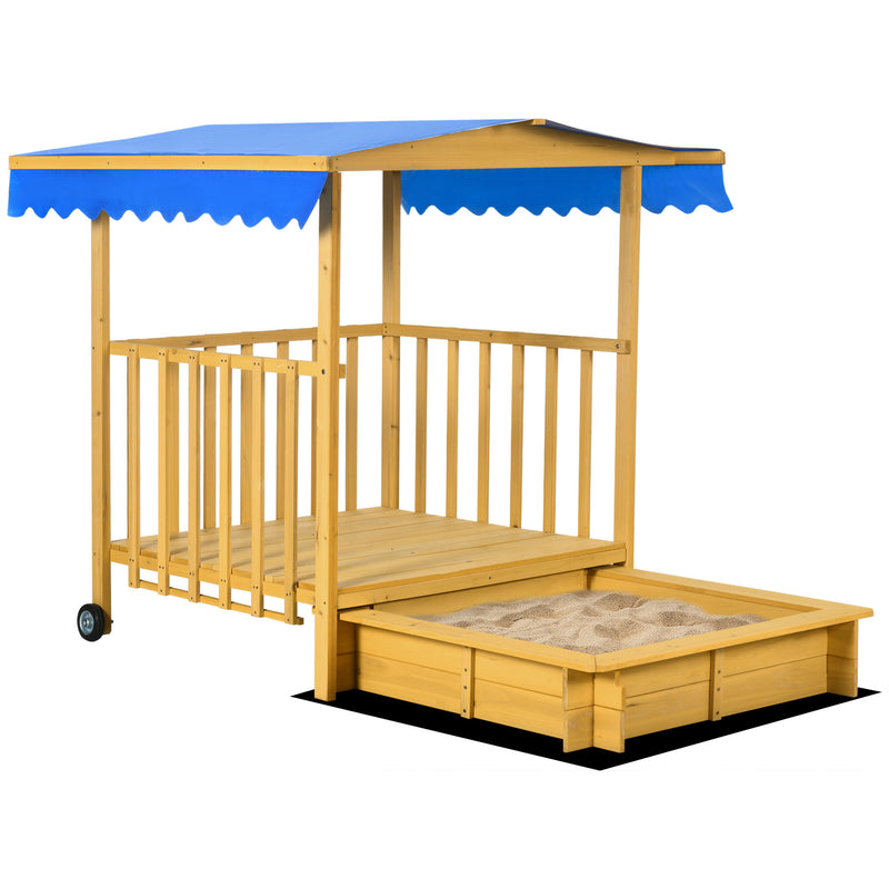 Caixa de Areia para Crianças com Varanda de Madeira Teto e Rodas Caixa de Areia Infantil para Crianças de 3-8 Anos para Jardim Pátio 133x129x137,5 cm Madeira