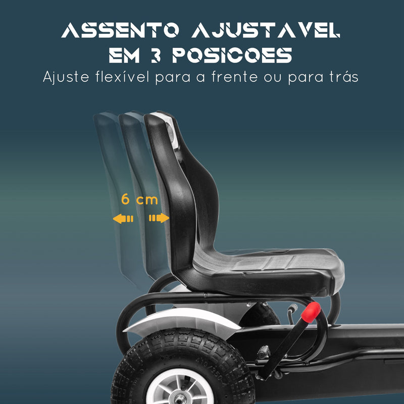 Kart a Pedais para Crianças Kart a Pedais Infantil com Assento Ajustável Pneus de Goma Travão de Mão para Crianças de 5-12 Anos Carga Máxima 50 kg 121x58x61 cm Branco