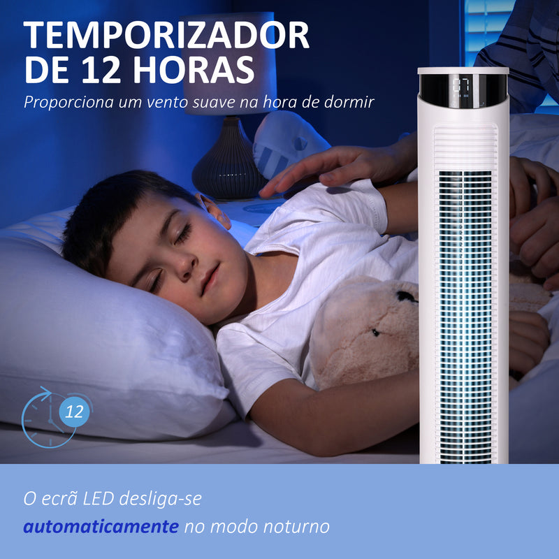 Ventoinha de Coluna Oscilante 45 W com Controlo Remoto Temporizador de 12h 3 Velocidades 3 Modos Ecrã LED e Alça de Transporte para Dormitório Ø31,5x93 cm Branco