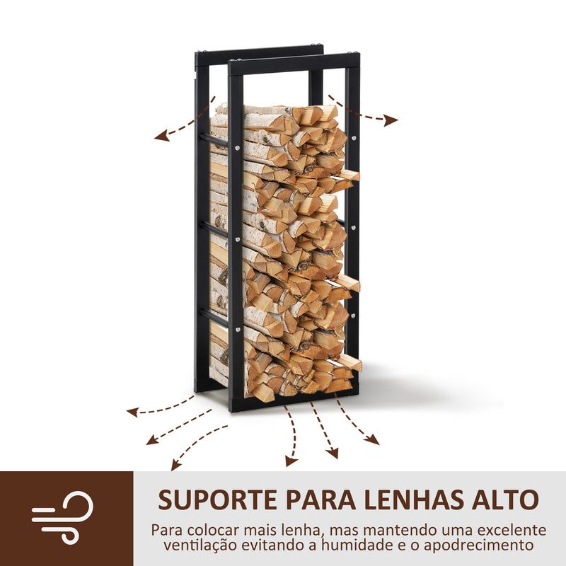 Suporte para Lenha de Metal Porta Lenha Metálico para Interior e Exterior Carga Máxima 100 kg 40x25x100 cm Preto