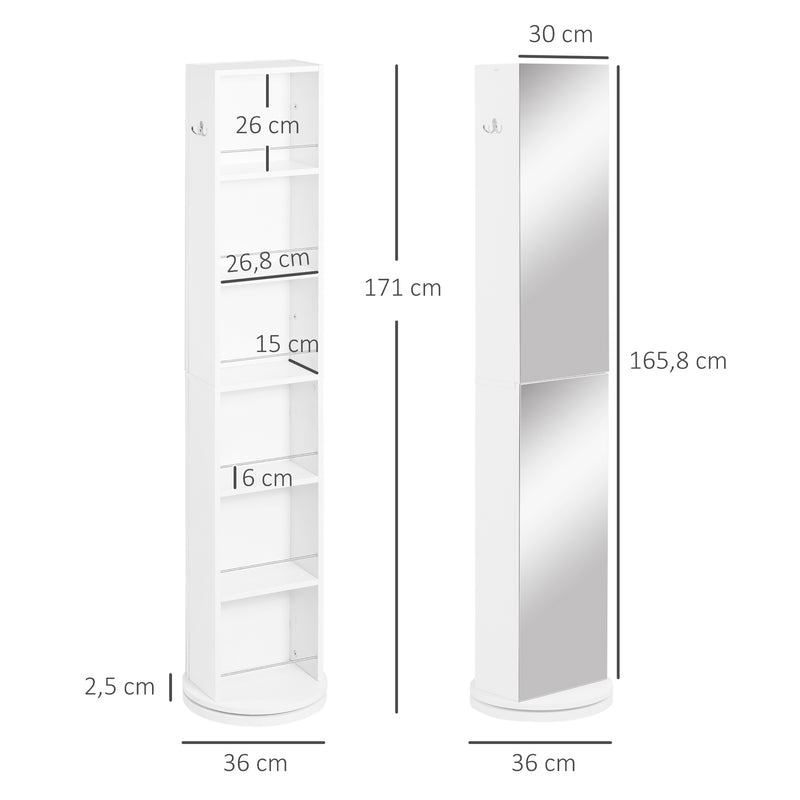 Armário Alto de Casa de Banho Giratório Coluna Casa de Banho com 6 Níveis e Espelho de Corpo Inteiro para Dormitório 36x36x171 cm Branco