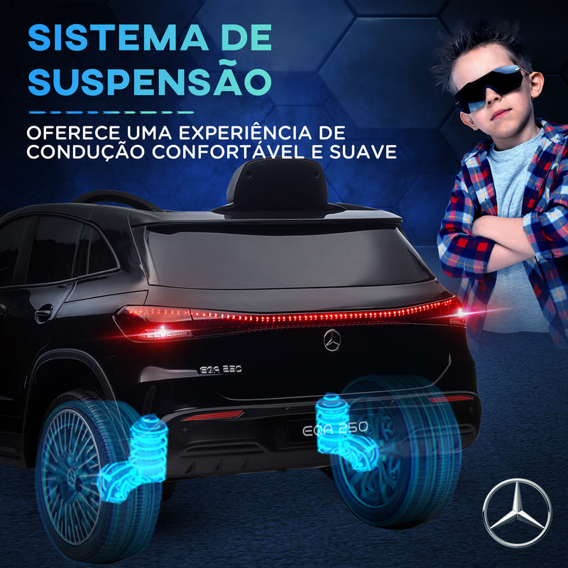 Carro Elétrico para Crianças Mercedes-Benz EQA Carro a Bateria 12V com Controlo Remoto Música Buzina Velocidade 3-8 km/h para Crianças 3-8 Anos 111,5x69x52,5 cm Preto