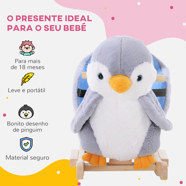 Cavalo Baloiço para Bebés acima de 18 Meses Forma de Pinguim Cavalo Baloiço de Madeira com Músicas Infantis Carga Máxima 40 kg 60x33x50 cm Cinza