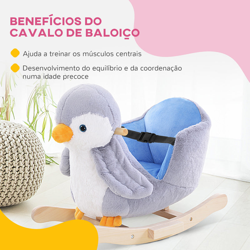 Cavalo Baloiço para Bebés acima de 18 Meses Forma de Pinguim Cavalo Baloiço de Madeira com Músicas Infantis Carga Máxima 40 kg 60x33x50 cm Cinza