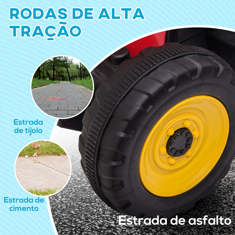 Trator Elétrico com Reboque Amovível Carro Elétrico para Crianças 3-6 Anos com Controlo Remoto Música MP3 Luzes e Cinto de Segurança 136,5x50x52,5 cm Vermelho