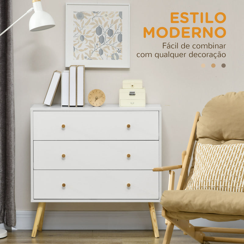 Cómoda com 3 Gavetas Cómoda de Dormitório com Pés de Madeira de Pinho para Sala de Estar Escritório Carga Máxima 70 kg 80x30x80 cm Branco e Madeira