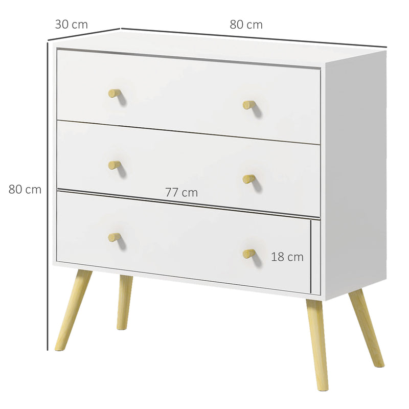 Cómoda com 3 Gavetas Cómoda de Dormitório com Pés de Madeira de Pinho para Sala de Estar Escritório Carga Máxima 70 kg 80x30x80 cm Branco e Madeira