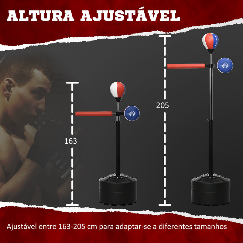 Saco de Boxe de Pé com Bola de Velocidade Altura Ajustável Base Preenchida de Água ou Areia Barra de Reflexo e Insuflador Punching Ball para Adultos 80,5x48x163-205 cm Preto e Vermelho