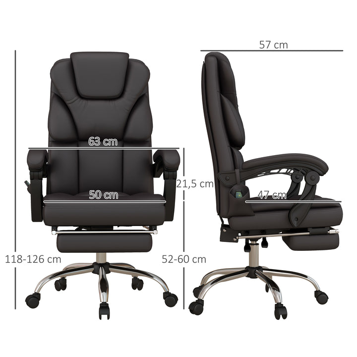 Cadeira de Escritório com 6 Pontos de Massagem Cadeira Executiva Reclinável de PU com Controlo Remoto Altura Ajustável Encosto Alto Apoio para os Pés e Bolso 63x57x118-126 cm Marrom