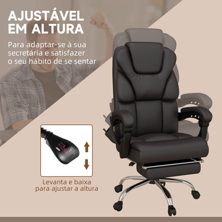 Cadeira de Escritório com 6 Pontos de Massagem Cadeira Executiva Reclinável de PU com Controlo Remoto Altura Ajustável Encosto Alto Apoio para os Pés e Bolso 63x57x118-126 cm Marrom