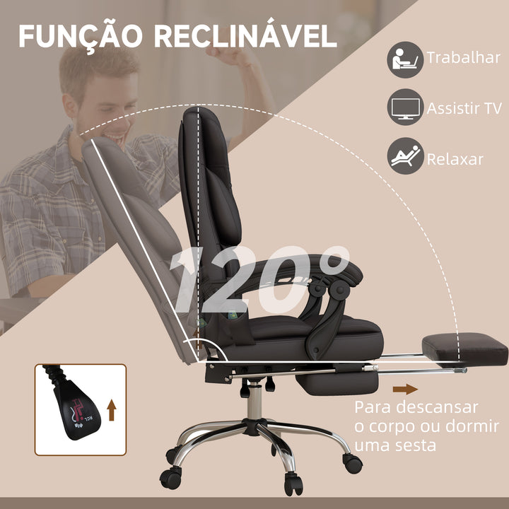Cadeira de Escritório com 6 Pontos de Massagem Cadeira Executiva Reclinável de PU com Controlo Remoto Altura Ajustável Encosto Alto Apoio para os Pés e Bolso 63x57x118-126 cm Marrom
