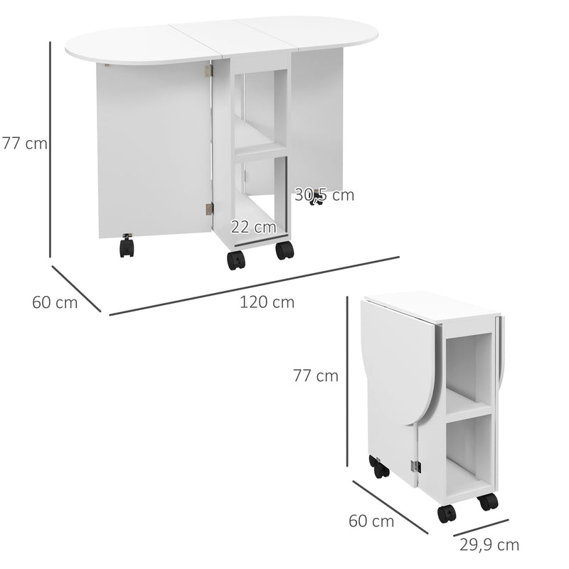 Mesa de Cozinha Dobrável com Rodas Mesa de Cozinha com Laterais Rebatíveis e 2 Prateleiras Abertas Estilo Moderno Carga 80 kg 120x60x77 cm Branco