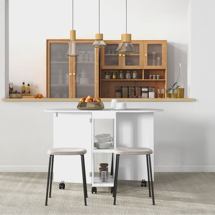 Mesa de Cozinha Dobrável com Rodas Mesa de Cozinha com Laterais Rebatíveis e 2 Prateleiras Abertas Estilo Moderno Carga 80 kg 120x60x77 cm Branco