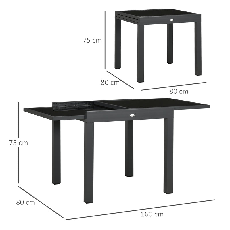 Mesa de Jardim Extensível de Alumínio Mesa de Jantar Retangular com Bancada de Vidro Temperado Carga 50 kg para Varanda Pátio Exterior 160x80x75 cm Preto