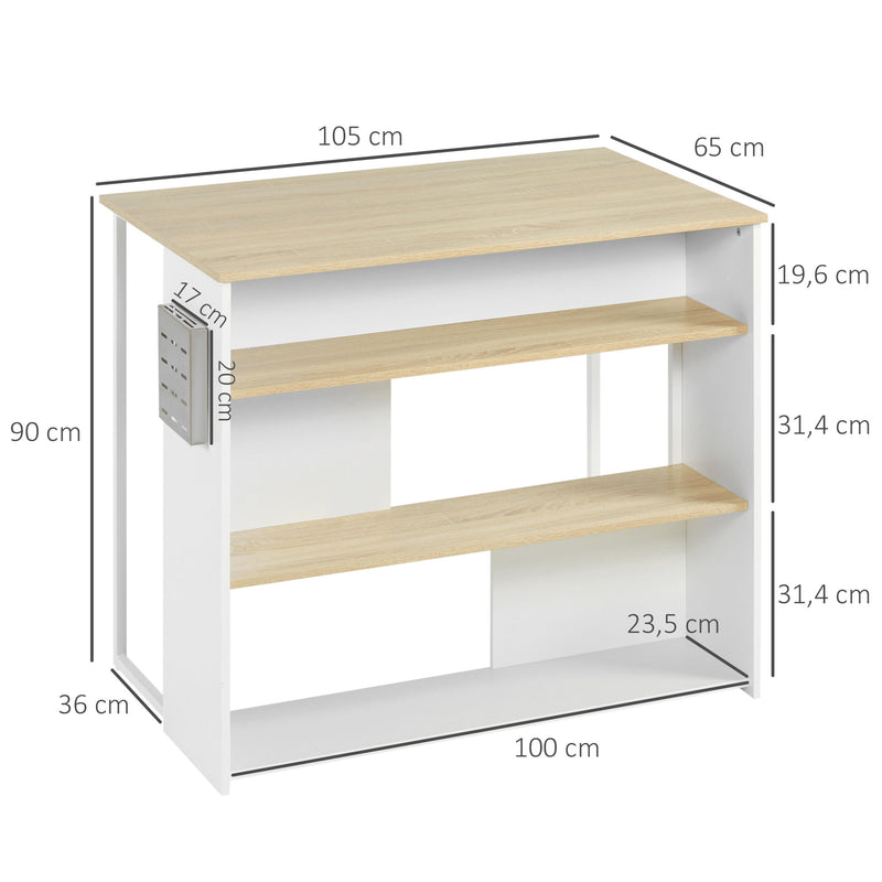 Ilha de Cozinha Moderna Móvel Auxiliar de Cozinha com 3 Prateleiras Abertas Suporte para Facas e Microondas Estrutura de Aço para Sala de Jantar 105x65x90 cm Carvalho