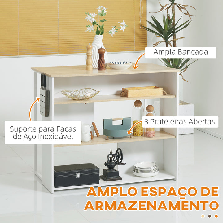Ilha de Cozinha Moderna Móvel Auxiliar de Cozinha com 3 Prateleiras Abertas Suporte para Facas e Microondas Estrutura de Aço para Sala de Jantar 105x65x90 cm Carvalho