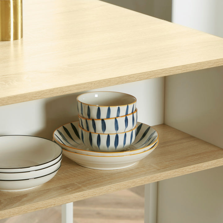 Ilha de Cozinha Moderna Móvel Auxiliar de Cozinha com 3 Prateleiras Abertas Suporte para Facas e Microondas Estrutura de Aço para Sala de Jantar 105x65x90 cm Carvalho