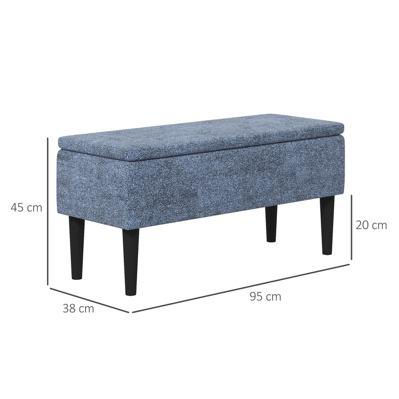 Banco de Armazenamento Dormitório Banco de Armazenamento Capacidade 47L Tampa Abatível e Pés de Madeira de Borracha Carga Máxima 120 kg 95x38x45 cm Azul