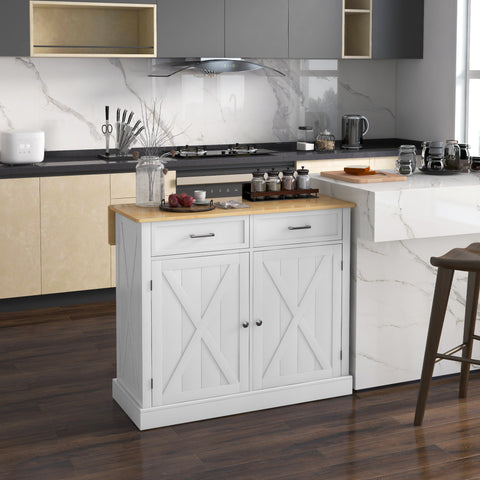 Ilha de Cozinha Carrinho de Cozinha com Bancada de Madeira Dobrável 2 Portas 2 Gavetas Prateleira Ajustável e 4 Rodas 10x60x90,5 cm Branco e Madeira