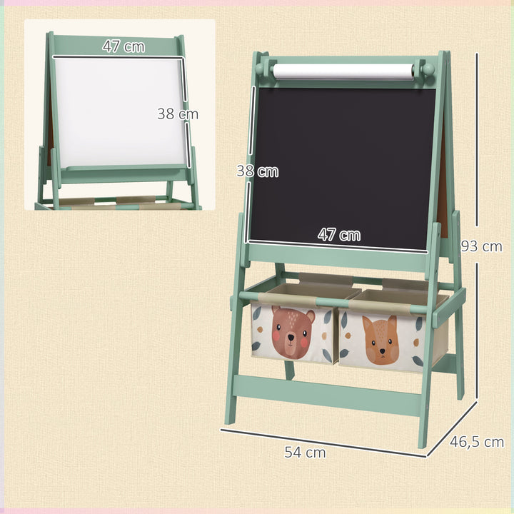 Cavalete para Crianças 3 em 1 Cavalete Infantil de Dupla Face Cavalete de Arte com Rolo de Papel Quadro e 2 Cestas de Armazenamento 54x46,5x93 cm Verde