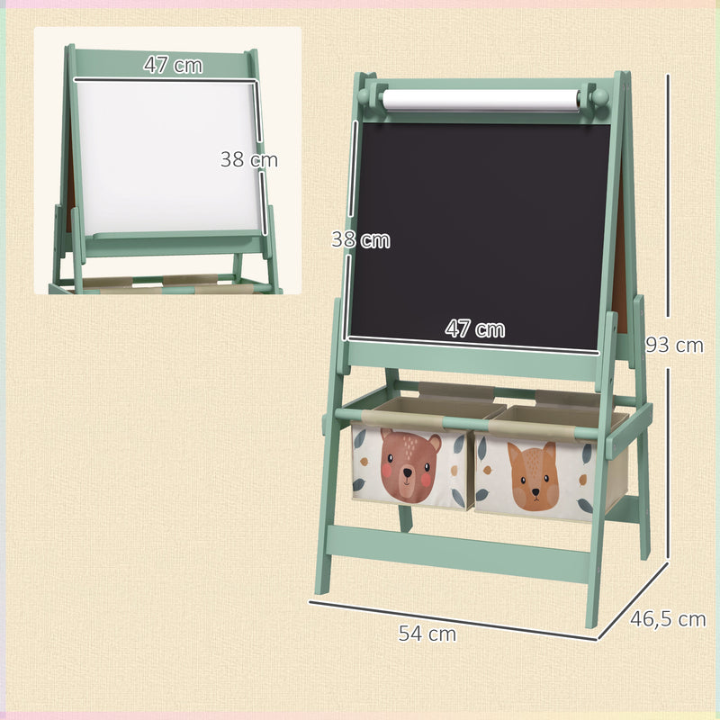 Cavalete para Crianças 3 em 1 Cavalete Infantil de Dupla Face Cavalete de Arte com Rolo de Papel Quadro e 2 Cestas de Armazenamento 54x46,5x93 cm Verde