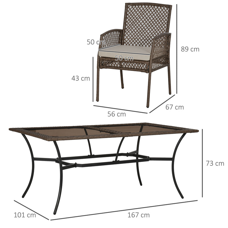 Conjunto de Móveis de Jardim de Vime 7 Peças Conjunto de Refeição de Exterior Incluí 6 Cadeiras com Almofadas e Mesa Grande com Bancada de Vidro Temperado Marrom