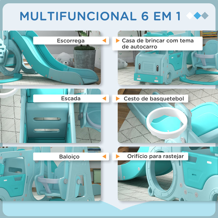 Conjunto de Escorrega e Baloiço para Crianças 6 em 1 Baloiço Infantil de 18-48 Meses Escorregador para Bebés com Buzina e Cesta de Basquetebol Carga 50 kg 201x151x87,5 cm Azul Claro
