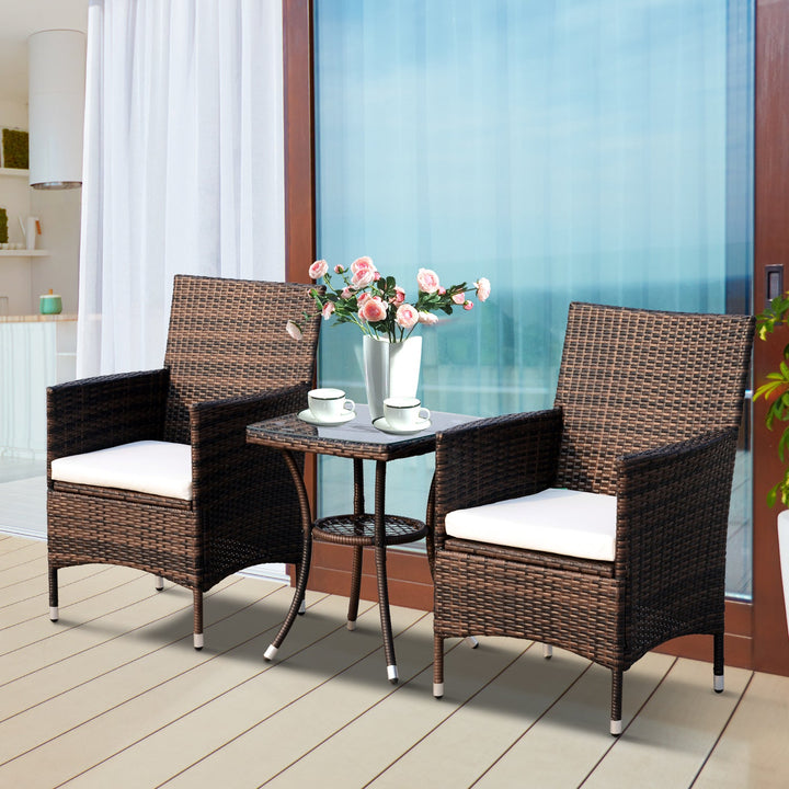 Conjunto de 1 Mesa 2 Cadeiras Rattan para Jardim com almofada Estrutura Metal Cor Castanho