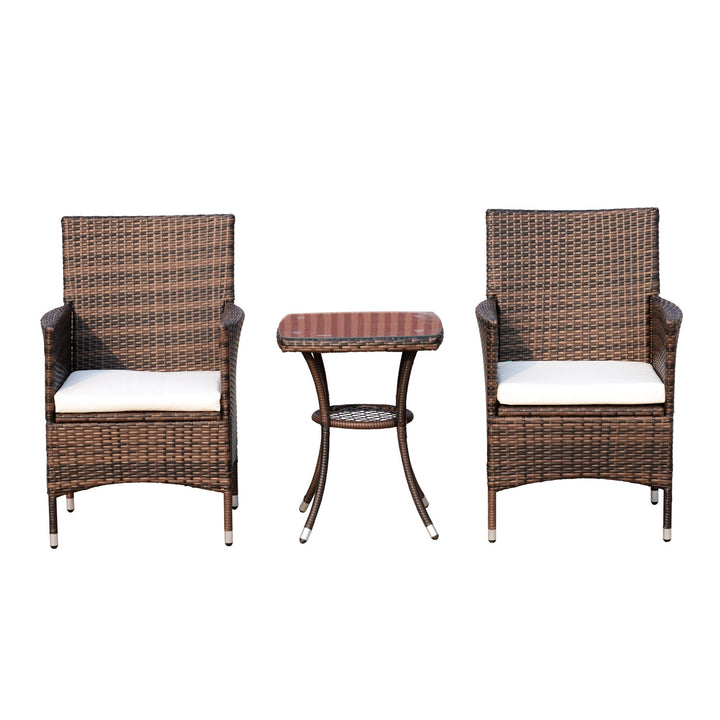 Conjunto de 1 Mesa 2 Cadeiras Rattan para Jardim com almofada Estrutura Metal Cor Castanho