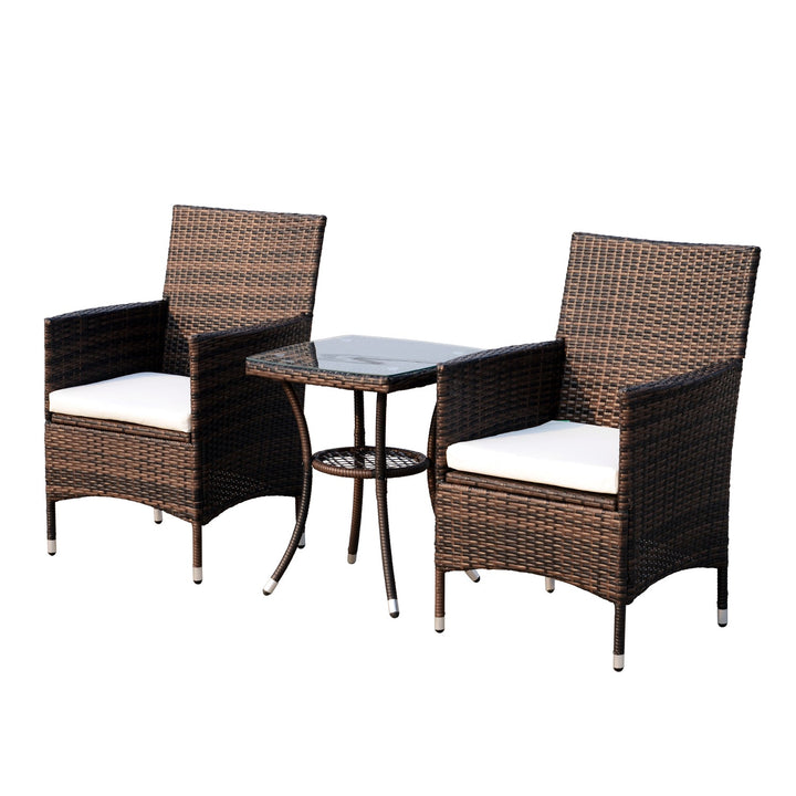 Conjunto de 1 Mesa 2 Cadeiras Rattan para Jardim com almofada Estrutura Metal Cor Castanho