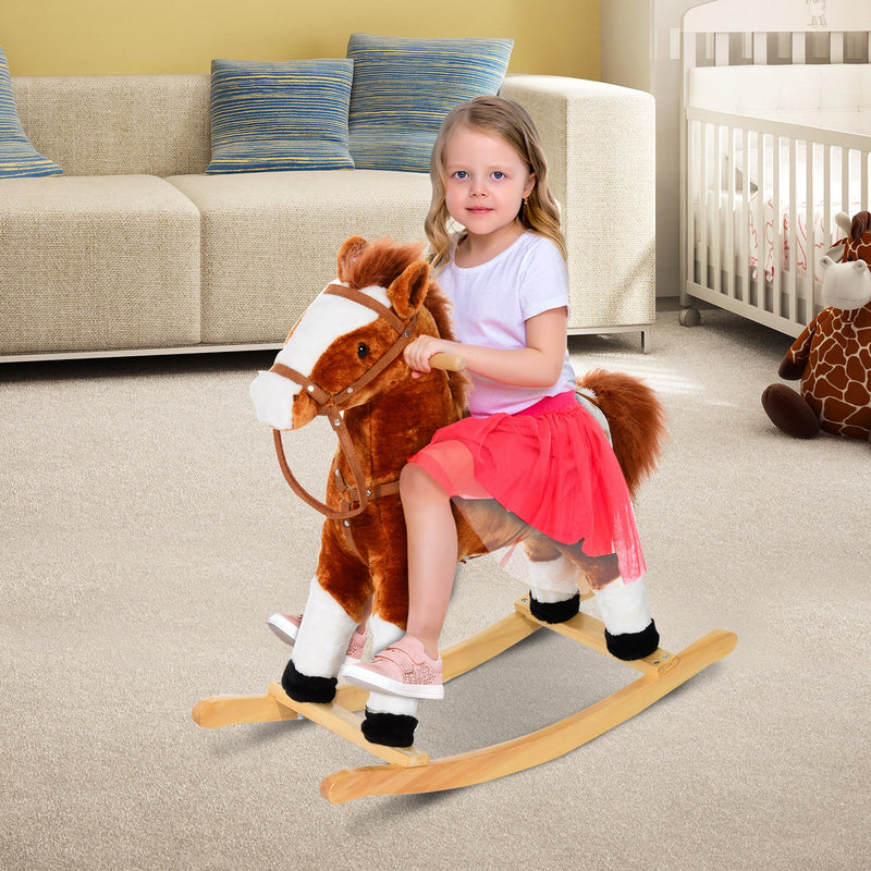 Cavalo de balanço para crianças acima de 3 anos com sons 74x28x65cm Castanho