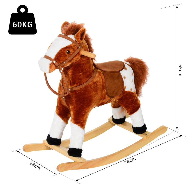 Cavalo de balanço para crianças acima de 3 anos com sons 74x28x65cm Castanho