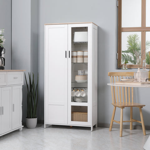 Armário de Cozinha Móvel Auxiliar de Cozinha com Porta de Vidro Prateleiras Ajustáveis e Pés Elevados para Sala de Estar Sala de Jantar 76x36x160 cm Branco