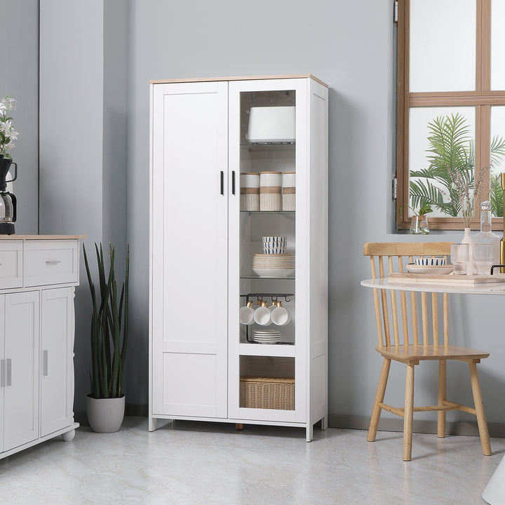 Armário de Cozinha Móvel Auxiliar de Cozinha com Porta de Vidro Prateleiras Ajustáveis e Pés Elevados para Sala de Estar Sala de Jantar 76x36x160 cm Branco