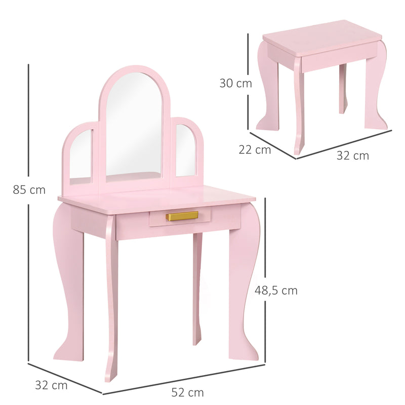 Toucador para Crianças com Espelho e Banco Toucador de Maquilhagem para Crianças de 3 a 6 Anos Toucador Infantil de Madeira com Gaveta 52x32x85 cm Rosa