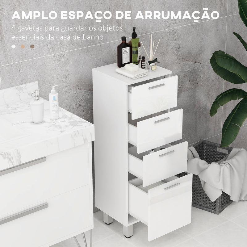 Móvel Auxiliar Casa de Banho Moderno Armário Casa de Banho com 4 Gavetas Móvel de Armazenamento para Casa de Banho Anti-Tombo Carga Máx. 30 kg 30x30x93 cm Branco